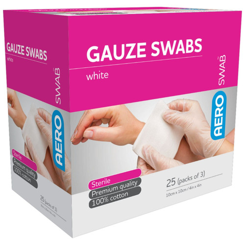 AEROSWAB Sterile White Gauze Swab 10 x 10cm Box/25 (Packs of 3) 