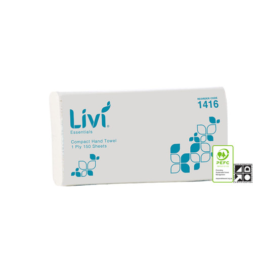 Livi Essentials Compact Hand Towel 1 Ply 150 Sheets - Carton of 16 Packs 