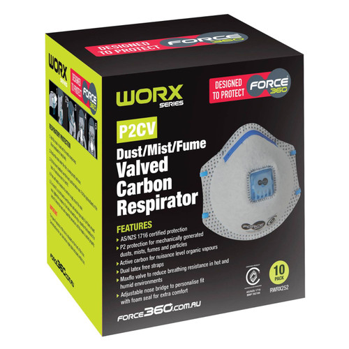 Force360 WORX P2CV Active Carbon Disposable Respirators - 10 Pack 
