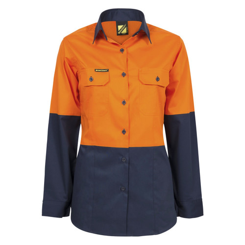 Workcraft Ladies Lightweight Hi Vis Long Sleeve Vented Cotton Drill Shirt 