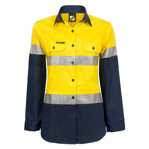 Workcraft Ladies Lightweight Hi Vis Long Sleeve Vented Reflective Cotton Drill Shirt Workcraft Ladies Lightweight Hi Vis Long Sleeve Vented Reflective Cotton Drill Shirt