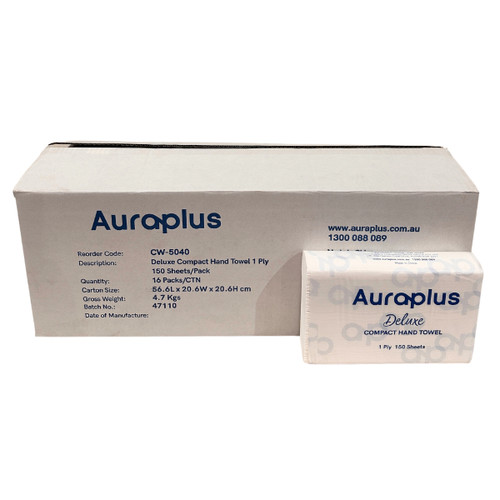 Auraplus Deluxe Compact Hand Towel 1 Ply 150 Sheets - Carton of 16 Packs 