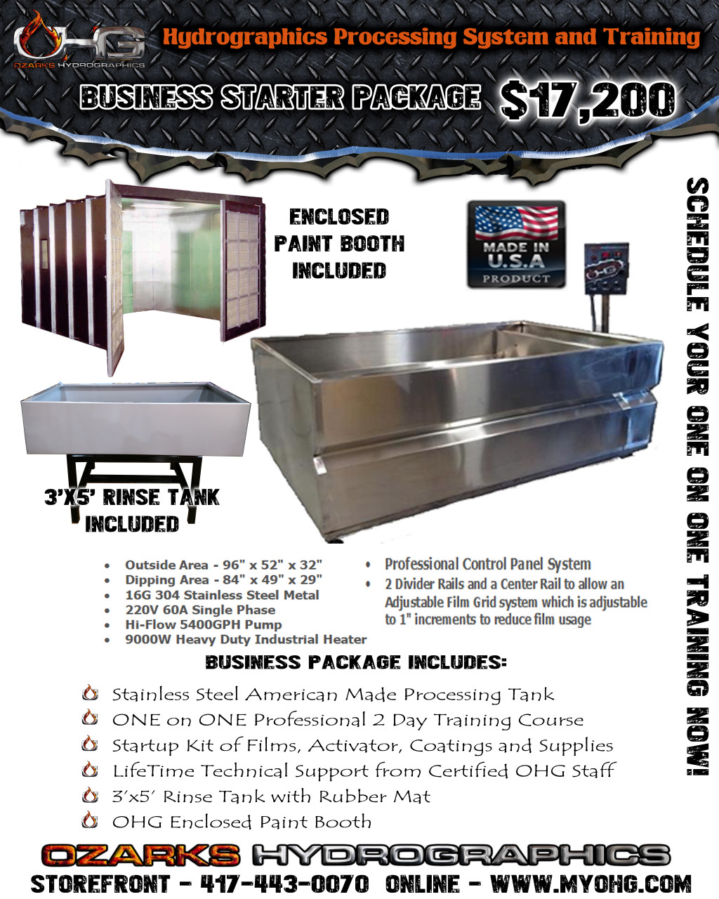 Business Starter Package with Enclosed Paint Booth - Stainless Steel 8'  Hydrographics Tank, Rinse Tank, supplies & Training