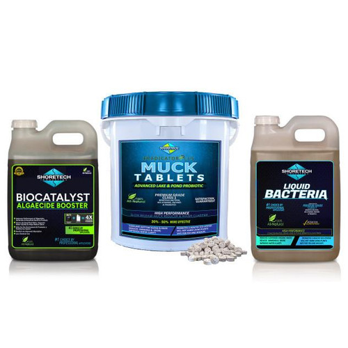 3-in-1 Pond Muck Reducer Kit | Tablets, Clarifier, Biocatalyst | Black Pack
Biocatalyst Algae Breakdown Booster with Liquid Beneficial Pond bacteria and muck digester tablets for lakes and pond