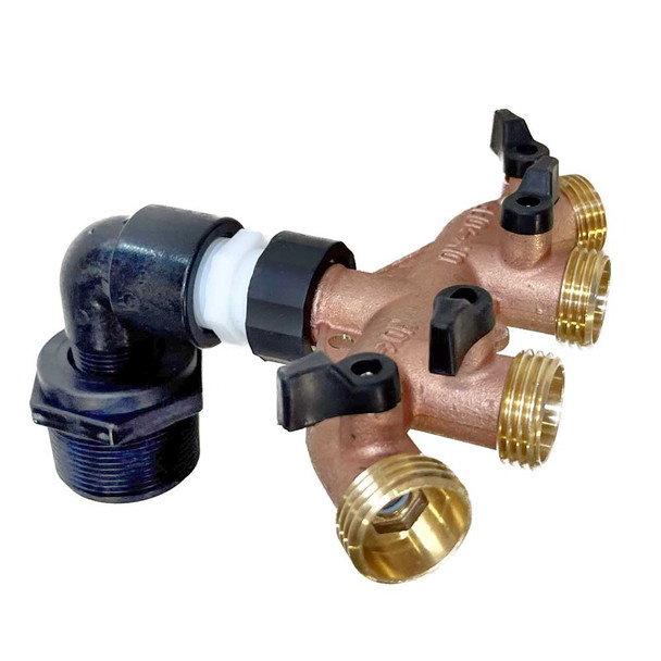 4-Way Brass Hose connector assembly for discharge port on irrigation pumps with 1.5" discharge port