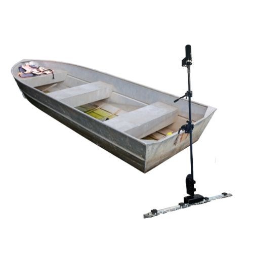 Aquatic Mower -- electric battery powered lake and pond weed cutting machine that mounts to the back of your boat. A "lawn mower" for your shoreline.