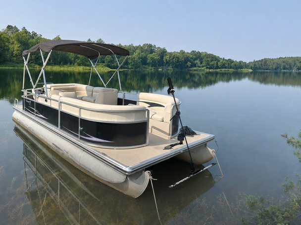 Aquatic Mower -- electric battery powered lake and pond weed cutting machine that mounts to the back of your boat. A "lawn mower" for your shoreline.