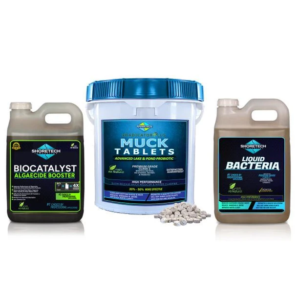 3-in-1 Pond Muck Reducer Kit | Tablets, Clarifier, Biocatalyst | Black Pack
Biocatalyst Algae Breakdown Booster with Liquid Beneficial Pond bacteria and muck digester tablets for lakes and pond