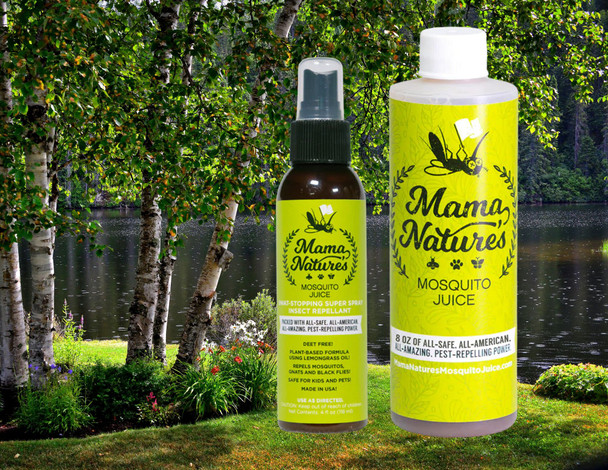 A well-designed bottle of Mama Nature's Mosquito Juice, an 8-ounce all-natural mosquito repellent that is safe for kids and pets. Perfect solution for a mosquito-free yard.
