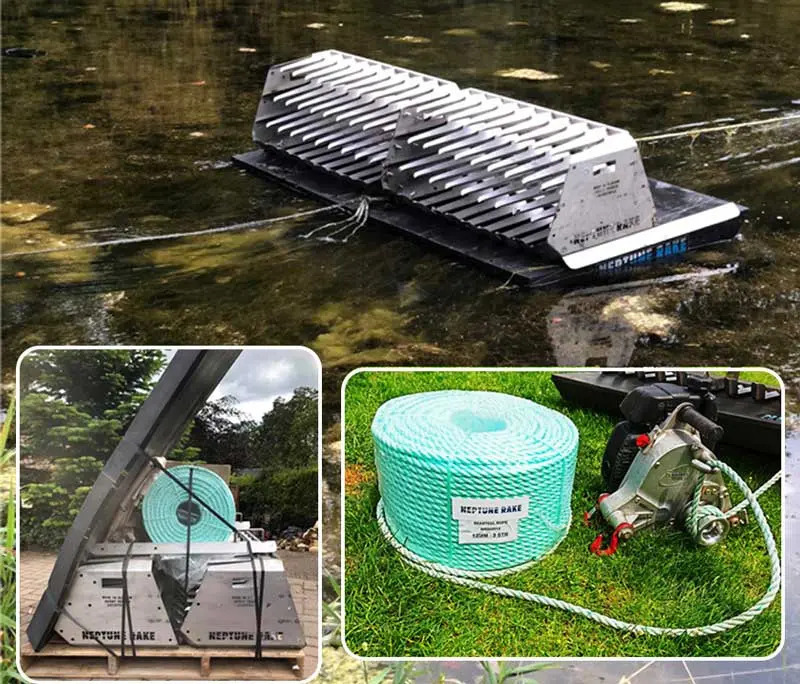 Neptune Rake stainless steel aquatic weed harvesting rake float and shoreline dredging system