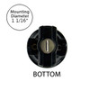 Brown E17 base pin socket, featuring a central screw terminal and structural support tabs. A circular label indicates the mounting diameter as 1⅛ inches, with the word "BOTTOM" marking the orientation for installation reference.