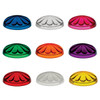 The image shows a collection of Fun Light cabochons arranged in a circular pattern, each with a decorative, petal-like dome design. These cabochons are available in various translucent colors including orange, green, blue, red, yellow, purple, pink, and clear.