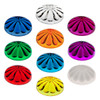This image shows a collection of U90 E14 Cabochon Fixture Caps arranged in a visually appealing layout. The caps feature a fluted, domed design and come in multiple vibrant colors, including green, red, blue, yellow, orange, purple, pink, and clear, often used for decorative lighting displays.