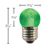 A textured green LED light bulb with measurements. The bulb features a faceted globe design and an E26 base, measuring approximately 2 1/4 inches in height and 1 3/8 inches in diameter.