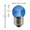 A textured blue LED light bulb with measurements. The bulb features a faceted globe design and an E26 base, measuring approximately 2 1/4 inches in height and 1 3/8 inches in diameter.