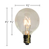 Clear incandescent light bulb with a round G-style globe and an E12 candelabra screw base. The bulb measures approximately 1 5/8 inches in height and 1 inch in diameter, and the glowing filament is clearly visible inside the transparent colored glass.