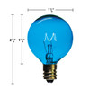 Blue incandescent light bulb with a round G-style globe and an E12 candelabra screw base. The bulb measures approximately 1 5/8 inches in height and 1 inch in diameter, and the glowing filament is clearly visible inside the transparent colored glass.