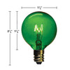 Green incandescent light bulb with a round G-style globe and an E12 candelabra screw base. The bulb measures approximately 1 5/8 inches in height and 1 inch in diameter, and the glowing filament is clearly visible inside the transparent colored glass.