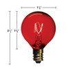 Red incandescent light bulb with a round G-style globe and an E12 candelabra screw base. The bulb measures approximately 1 5/8 inches in height and 1 inch in diameter, and the glowing filament is clearly visible inside the transparent colored glass.