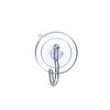A single transparent suction cup hook, designed for temporary mounting on smooth, non-porous surfaces like glass, mirrors, or tiles. It features a clear plastic hook attached to the center of the suction cup, ideal for holding lightweight items such as decorations, lights, or utensils.