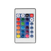 A handheld infrared remote control designed for RGB LED lighting systems. The remote features multiple buttons arranged in a grid. At the top are brightness adjustment buttons, along with ON and OFF buttons. Below them are color buttons labeled R (Red), G (Green), B (Blue), and W (White), followed by rows of additional preset color buttons in various hues. On the right side, there are four labeled buttons for lighting effects: FLASH, STROBE, FADE, and SMOOTH. The remote enables color selection, brightness control, and mode switching for LED light fixtures.