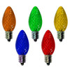 The image showcases a multicolor Up North C7 E12 base 120V bulbs neatly arranged. Each bulb has a classic, small, flame-shaped design with a clear plastic exterior, allowing the filament inside to be clearly visible. The bulbs are designed with an E12 base, ensuring compatibility with standard light fixtures. The overall presentation is clean and practical, ideal for both residential and commercial use.
