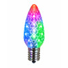 Multicolor faceted C9 LED bulb glowing red, pink, blue, green, and white with a silver E17 screw base on a white background.