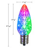 Dimensions multicolor faceted C9 LED bulb glowing red, pink, blue, green, and white with a silver E17 screw base on a white background.