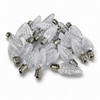 Multiple clear faceted C7-style LED bulbs arranged in a pile on a white background with natural drop shadows.