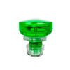 Green LED puck light with a translucent green housing and clear threaded base on a white background.