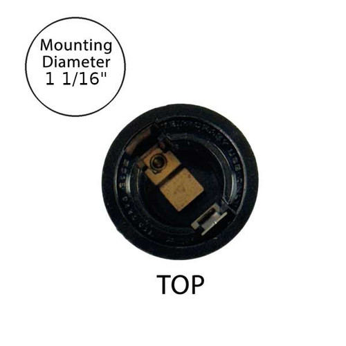 Brown E17 base pin socket, clearly displaying the internal metal contacts and electrical connection points. A circular label indicates the mounting diameter as 1⅛ inches, with the word "TOP" identifying the orientation.