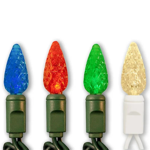 Blue, red, green and warm white C6 faceted LED Christmas light bulbs mounted on green or white plastic socket and wire. The bulb has a textured, diamond-cut surface that enhances its glowing effect when illuminated.