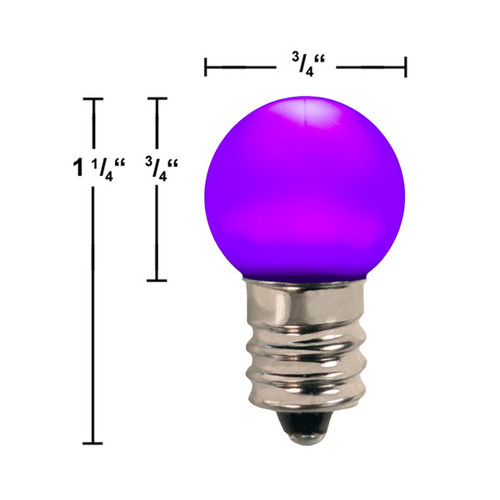 Purple G20 E12 LED smooth candelabra bulb with a frosted finish and a metallic screw base. The bulb measures 1 1/4 inches in height and 3/4 inches in diameter, making it ideal for signs, channel letters, and marquee  lighting.