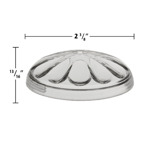 Clear Fun Light cabochon lens with a decorative, petal-like design molded into its domed surface. It measures approximately 2 3/8 inches in diameter and 13/16 inch in height, as indicated by the labeled dimensions. Clear Fun Light cabochon lens with a decorative, petal-like design molded into its domed surface. It measures approximately 2 3/8 inches in diameter and 13/16 inch in height, as indicated by the labeled dimensions.