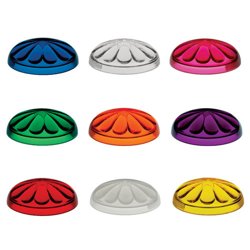 The image shows a collection of Fun Light cabochons arranged in a circular pattern, each with a decorative, petal-like dome design. These cabochons are available in various translucent colors including orange, green, blue, red, yellow, purple, pink, and clear.