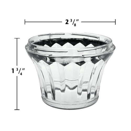 Clear U90 E14 cabochon fixture base with a flared, faceted design for light diffusion. The dimensions are labeled as 2 3/8 inches wide and 1 3/4 inches tall, making it suitable for carnival and amusement lighting applications.
