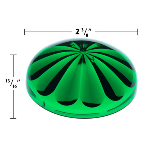 Green U90 E14 Cabochon Fixture Cap with a fluted, dome-like shape and a glossy reflective surface. The dimensions are clearly labeled, indicating a diameter of 2 3/8 inches and a height of 13/16 inch, highlighting its size for carnival and amusement lighting applications.