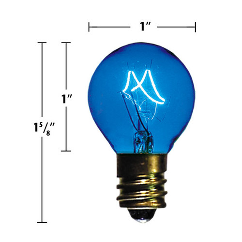 An blue incandescent light bulb with a round G-style globe and an E12 candelabra screw base. The bulb measures approximately 1 5/8 inches in height and 1 inch in diameter, and the glowing filament is clearly visible inside the transparent colored glass.