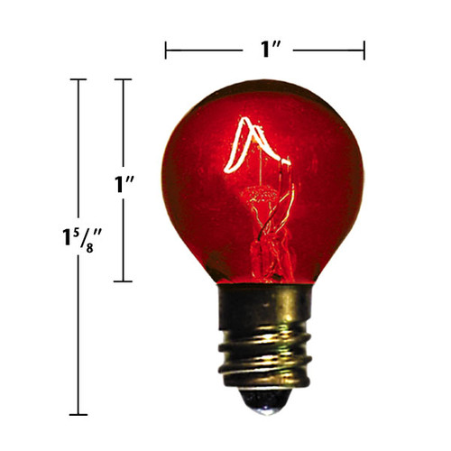 An red incandescent light bulb with a round G-style globe and an E12 candelabra screw base. The bulb measures approximately 1 5/8 inches in height and 1 inch in diameter, and the glowing filament is clearly visible inside the transparent colored glass.