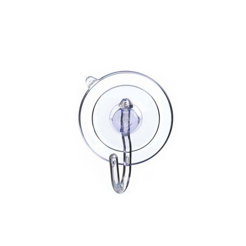 A single transparent suction cup hook, designed for temporary mounting on smooth, non-porous surfaces like glass, mirrors, or tiles. It features a clear plastic hook attached to the center of the suction cup, ideal for holding lightweight items such as decorations, lights, or utensils.