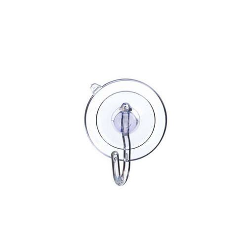 A single transparent suction cup hook, designed for temporary mounting on smooth, non-porous surfaces like glass, mirrors, or tiles. It features a clear plastic hook attached to the center of the suction cup, ideal for holding lightweight items such as decorations, lights, or utensils.