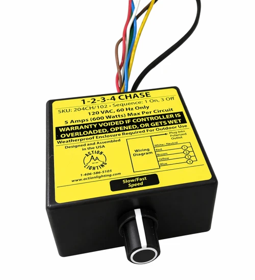 The 204CH/102 enables you to chase 4 lighting circuits at a wide range of speeds.