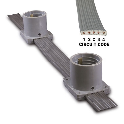 A 5-wire chasing belt light system featuring a flat, flexible cable with integrated light sockets designed to hold bulbs for animated or chasing light displays. A close-up inset reveals the internal wire layout labeled with a circuit code (1, 2, C, 3, 4), which helps identify the correct wiring configuration for synchronized lighting effects.