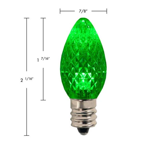 The picture showcases a set of C7 LED E12 Faceted MINLEON Retrofit Christmas Bulbs in a vibrant and festive green color. These bulbs seamlessly combine the classic elegance of faceted design with the energy efficiency and long-lasting performance of LED technology.

Designed with an E12 retrofit base, these bulbs can easily replace traditional incandescent bulbs in your existing Christmas light strings. The faceted design adds a touch of sophistication and reflects light beautifully, creating a dazzling visual effect.

When illuminated, these green LED bulbs emit a radiant and joyful glow, instantly transforming your space into a festive wonderland. The vibrant green color represents life, renewal, and the spirit of the holiday season, infusing your decorations with a sense of freshness and vitality.

Upgrade your holiday lighting with these C7 LED E12 Faceted MINLEON Retrofit Christmas Bulbs in green. Let their vibrant glow envelop your surroundings, creating a joyful and festive atmosphere that will captivate and delight all who behold it.