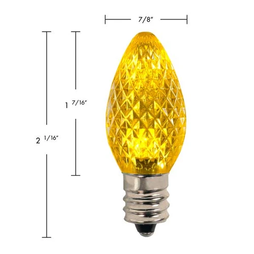 The picture showcases a set of C7 LED E12 Faceted MINLEON Retrofit Christmas Bulbs in a radiant and cheerful yellow color. These bulbs seamlessly blend the classic elegance of faceted design with the energy efficiency and long-lasting performance of LED technology.

Designed with an E12 retrofit base, these bulbs can easily replace traditional incandescent bulbs in your existing Christmas light strings. The faceted design adds a touch of sophistication and reflects light beautifully, creating a captivating visual effect.

When illuminated, these yellow LED bulbs emit a vibrant and sunny glow, infusing your space with warmth and positivity. The yellow color represents happiness, joy, and the spirit of celebration, creating a festive and uplifting atmosphere.

Upgrade your holiday lighting with these C7 LED E12 Faceted MINLEON Retrofit Christmas Bulbs in yellow. Let their radiant glow bring a burst of energy and cheer to your decorations, making your space a vibrant and joyful showcase that will brighten the holiday season for all.