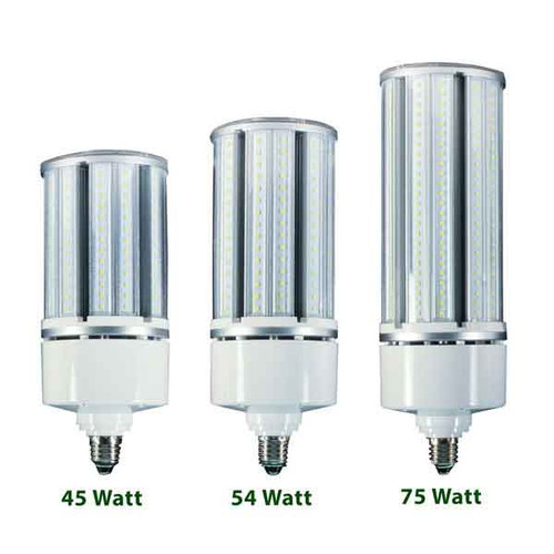 Three vertically standing LED corn light bulbs of varying sizes, labeled from left to right as 45 Watt, 54 Watt, and 75 Watt. Each bulb features a cylindrical design with multiple vertical strips of LED chips encased in a clear housing. They have a white base with a standard screw-in connector (E26/E27). These high-efficiency bulbs are commonly used for industrial, street, or large area lighting as replacements for traditional HID lamps. Three vertically standing LED corn light bulbs of varying sizes, labeled from left to right as 45 Watt, 54 Watt, and 75 Watt. Each bulb features a cylindrical design with multiple vertical strips of LED chips encased in a clear housing. They have a white base with a standard screw-in connector (E26/E27). These high-efficiency bulbs are commonly used for industrial, street, or large area lighting as replacements for traditional HID lamps.