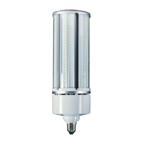 An LED corn light bulb with a cylindrical design featuring multiple vertical strips of LED chips enclosed in a transparent housing. The bulb has a white base with a standard screw-in connector (E26/E27) and a wide body to support high-lumen output. It is designed for use in large area lighting applications such as streetlights, warehouses, and parking lots. An LED corn light bulb with a cylindrical design featuring multiple vertical strips of LED chips enclosed in a transparent housing. The bulb has a white base with a standard screw-in connector (E26/E27) and a wide body to support high-lumen output. It is designed for use in large area lighting applications such as streetlights, warehouses, and parking lots.