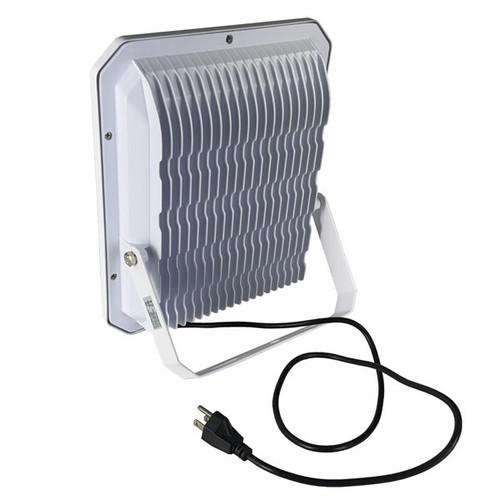 A rear view of a white LED floodlight with a ribbed aluminum heat sink casing for efficient cooling.