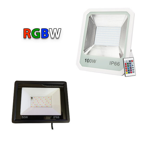 Two white square LED floodlights are shown, one labeled "50W IP66" and the other "100W IP66", each accompanied by a multi-button remote control. Both lights feature a grid of small LED bulbs and reflective housing for enhanced brightness. The text "RGBW" appears at the top left in red, green, blue, and white letters, indicating the lights support red, green, blue, and white color modes. The image highlights the waterproof (IP66) and multicolor lighting capabilities of the floodlights