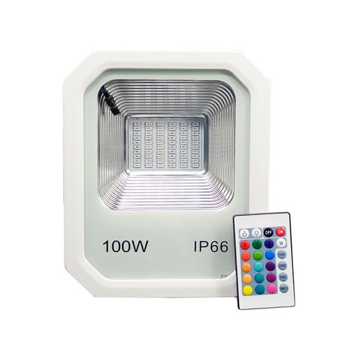 A front view of a white 100-watt RGB floodlight rated IP66 for water and dust resistance. The light features a rectangular design with a reflective interior and a grid of LED bulbs at the center. A multicolor remote control is shown beside the light, with buttons for power, color selection, and lighting effects such as flash, strobe, fade, and smooth. The setup indicates customizable and weather-resistant outdoor lighting. A front view of a white 100-watt RGB floodlight rated IP66 for water and dust resistance. The light features a rectangular design with a reflective interior and a grid of LED bulbs at the center. A multicolor remote control is shown beside the light, with buttons for power, color selection, and lighting effects such as flash, strobe, fade, and smooth. The setup indicates customizable and weather-resistant outdoor lighting.